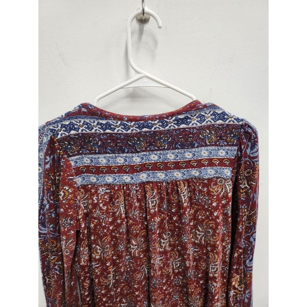 Lucky Brand Womens Blouse Small Maroon Blue Tie Neck Beaded Long Sleeve BOHO - Picture 6 of 6